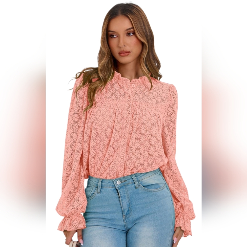 PRETTYGARDEN Lace Long Sleeve Eyelet Button-Down Blouse Sz Small Pink